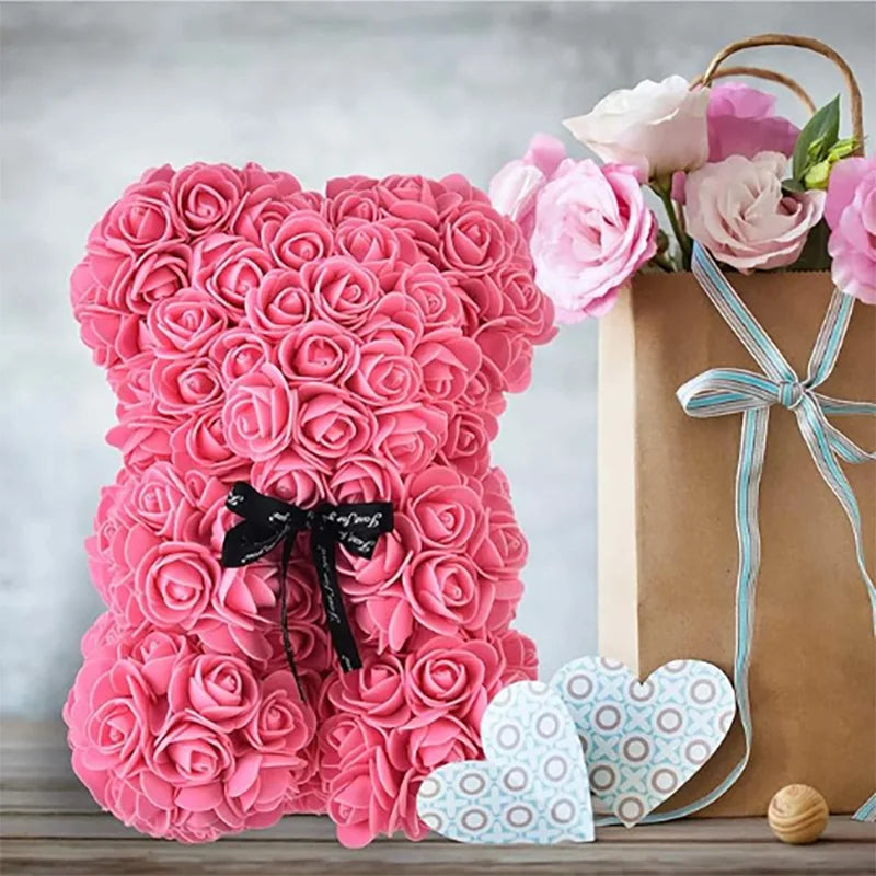 25cm Artificial Teddy Rose Flower Bear with Box Romantic Valentines Day Gift Girlfriend Women Anniversary Wedding Party Supplies 4
